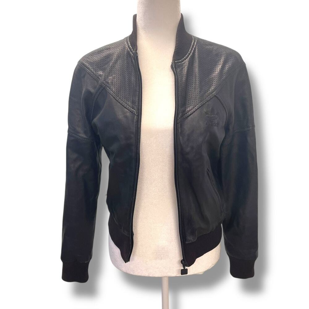 Vintage Adidas Mens Leather Bomber Jacket Black Size 36